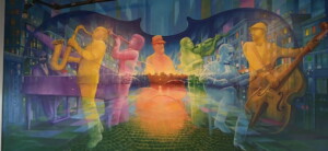 Dafford mural "Frequencies" in Blu Room at Antoni's